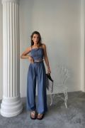 TENCEL CROP ASKILI BLUZ - ŞALVAR PANTOLON TK - İndigo resmi